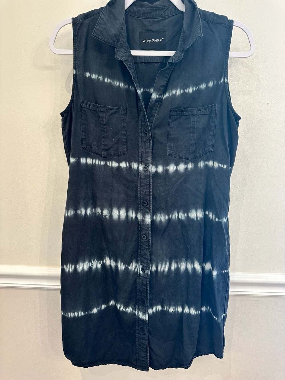Velvet Heart Sleeveless Button Down Shirt Dress Size S Black Tie Dye